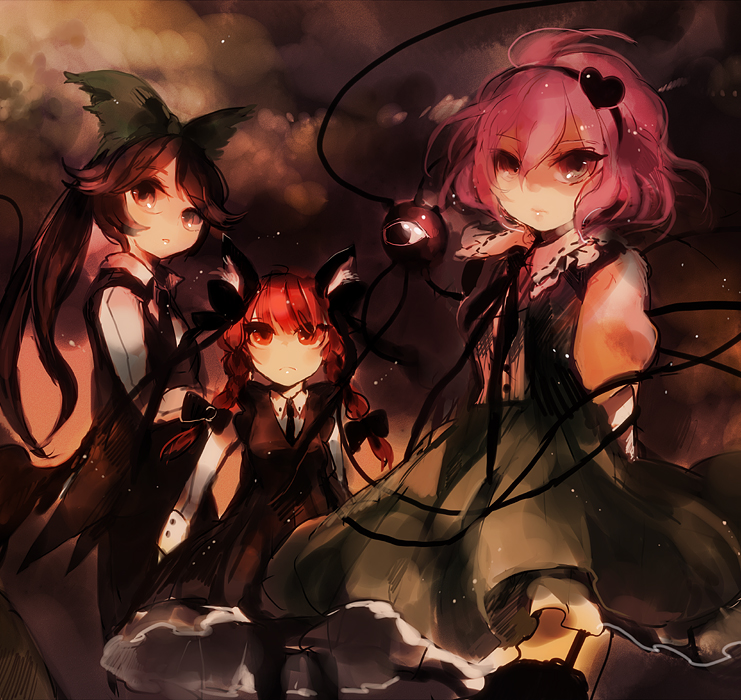 komeiji satori, kaenbyou rin, and reiuji utsuho (touhou) drawn by azuma_aya