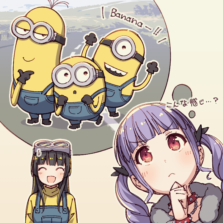 shirokane rinko, udagawa ako, minion, bob, stuart, and 1 more (bang dream! and 1 more) drawn by ayasaka