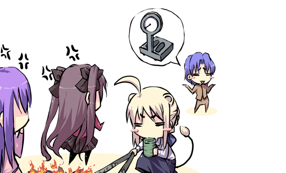 artoria pendragon, saber, tohsaka rin, matou sakura, and matou shinji (fate and 1 more) drawn by satomi_(black_scarecrow)