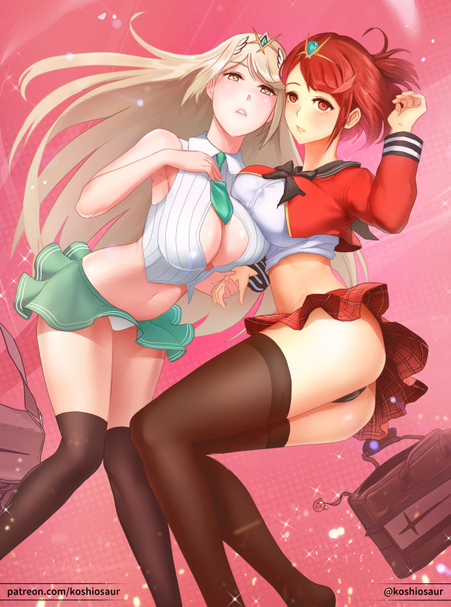 pyra and mythra (xenoblade chronicles and 1 more) drawn by koshio