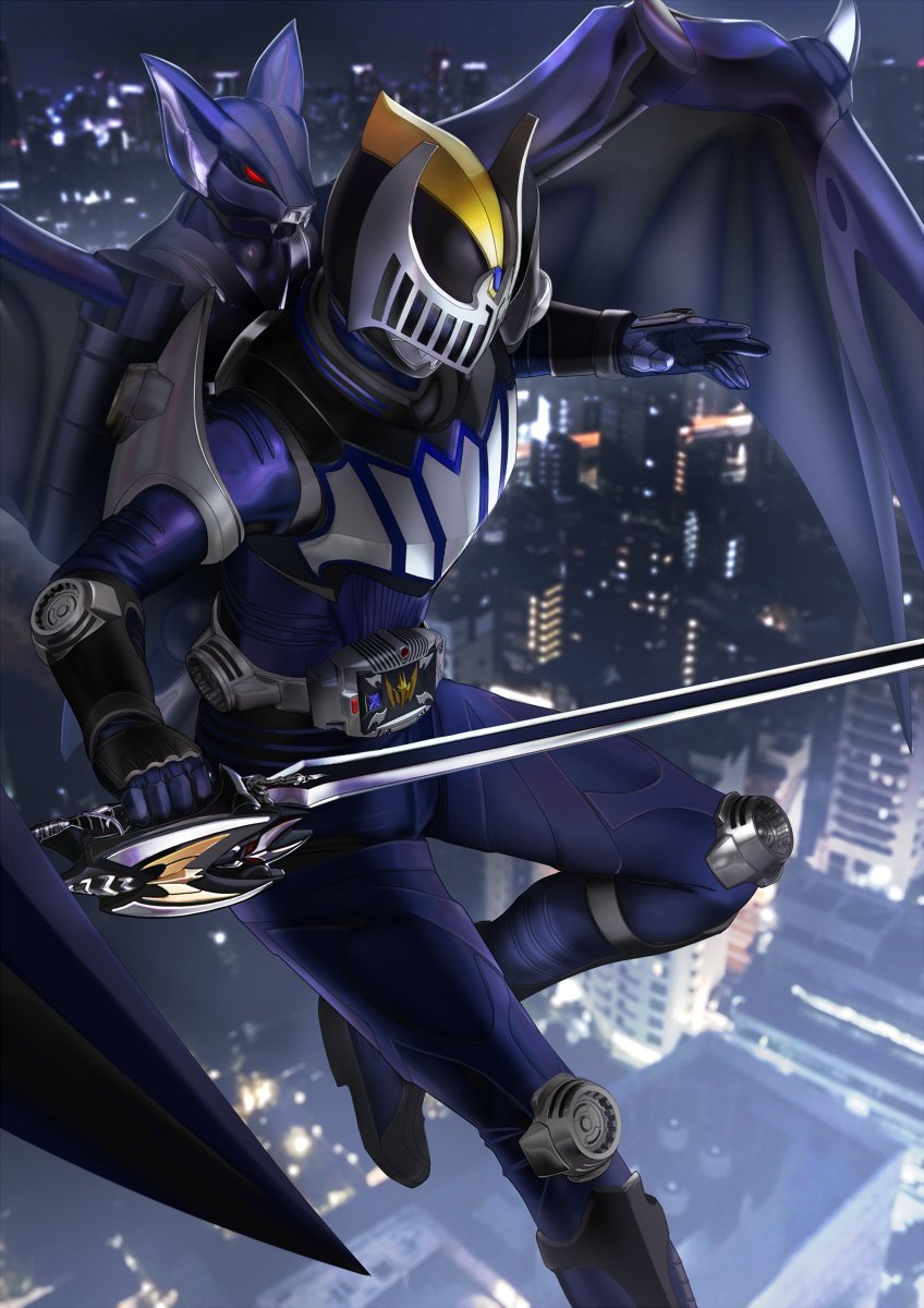 kamen rider knight and darkwing (kamen rider and 1 more) drawn by masukudo_(hamamoto_hikaru)