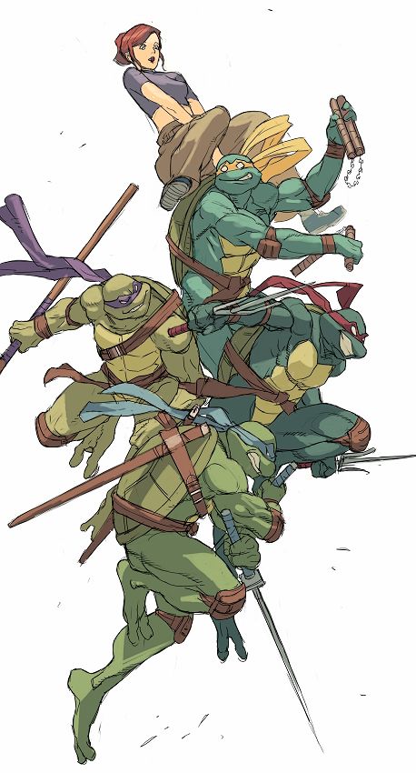 april o'neil, leonardo, raphael, donatello, and michelangelo (teenage mutant ninja turtles) drawn by junny