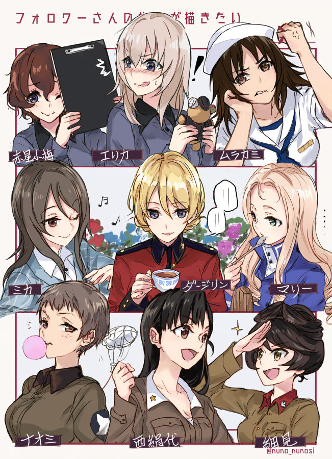 darjeeling, itsumi erika, boko, mika, nishi kinuyo, and 5 more (girls und panzer) drawn by yuuyu_(777)