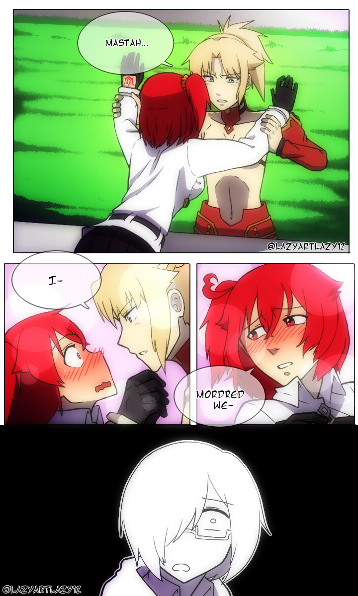 mash kyrielight, fujimaru ritsuka, and mordred (fate and 1 more) drawn by lazyartlazy12 and tyrnickleback