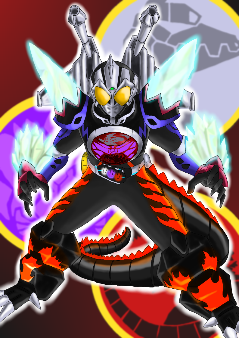 godzilla, kamen rider ooo, mechagodzilla, burning godzilla, and spacegodzilla (kamen rider and 4 more) drawn by suke_(share_koube)