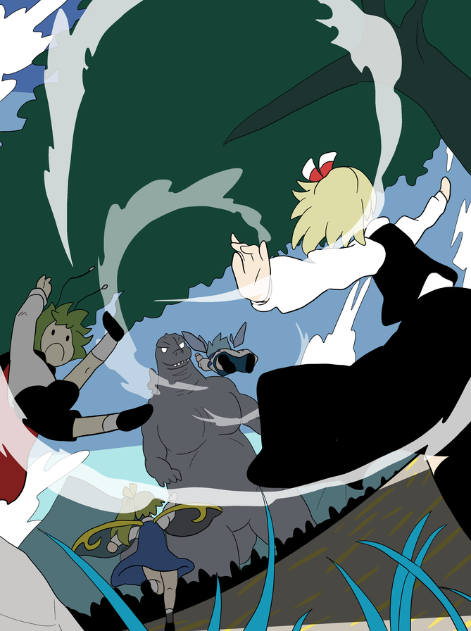 cirno, rumia, daiyousei, wriggle nightbug, and godzilla (touhou and 1 more) drawn by kokoyashi
