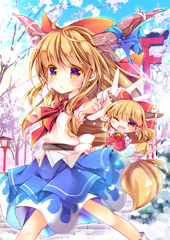 hakurei reimu and ibuki suika (touhou) drawn by enjoy_mix