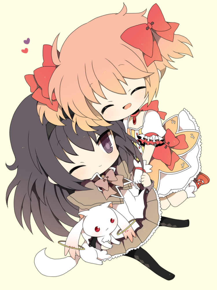 akemi homura, kaname madoka, and kyubey (mahou shoujo madoka magica) drawn by haru_(kyou)