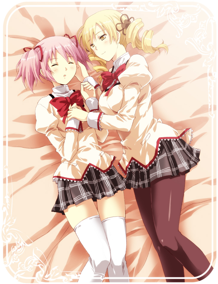kaname madoka and tomoe mami (mahou shoujo madoka magica) drawn by mikecha