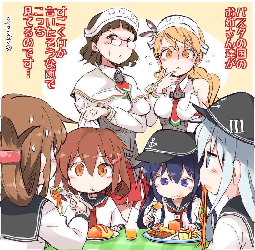 hibiki, inazuma, ikazuchi, akatsuki, littorio, and 1 more (kantai collection) drawn by suka