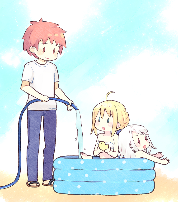artoria pendragon, saber, illyasviel von einzbern, and emiya shirou (fate and 2 more) drawn by 87banana
