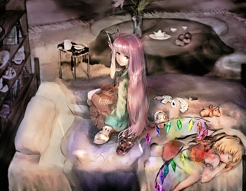 flandre scarlet and hata no kokoro (touhou) drawn by nekoya_(liu)