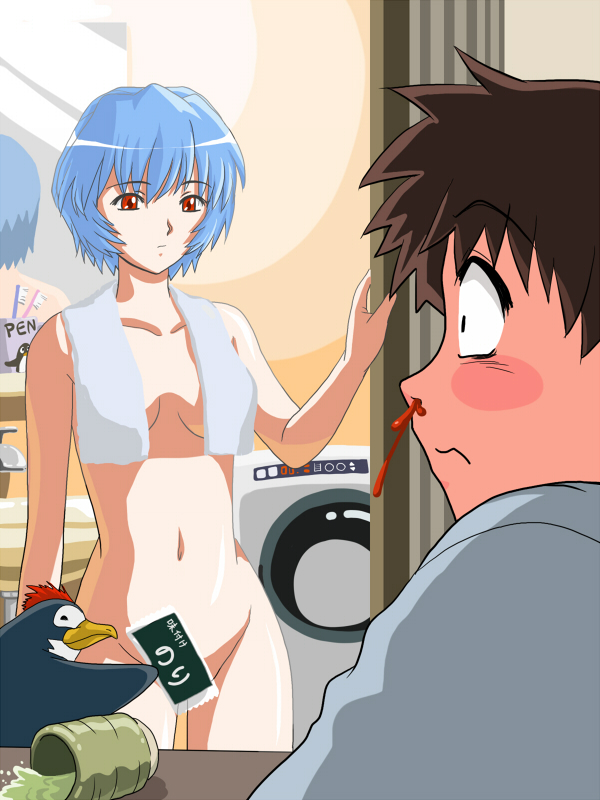 ayanami rei, ikari shinji, and penpen (neon genesis evangelion) drawn by apple2e