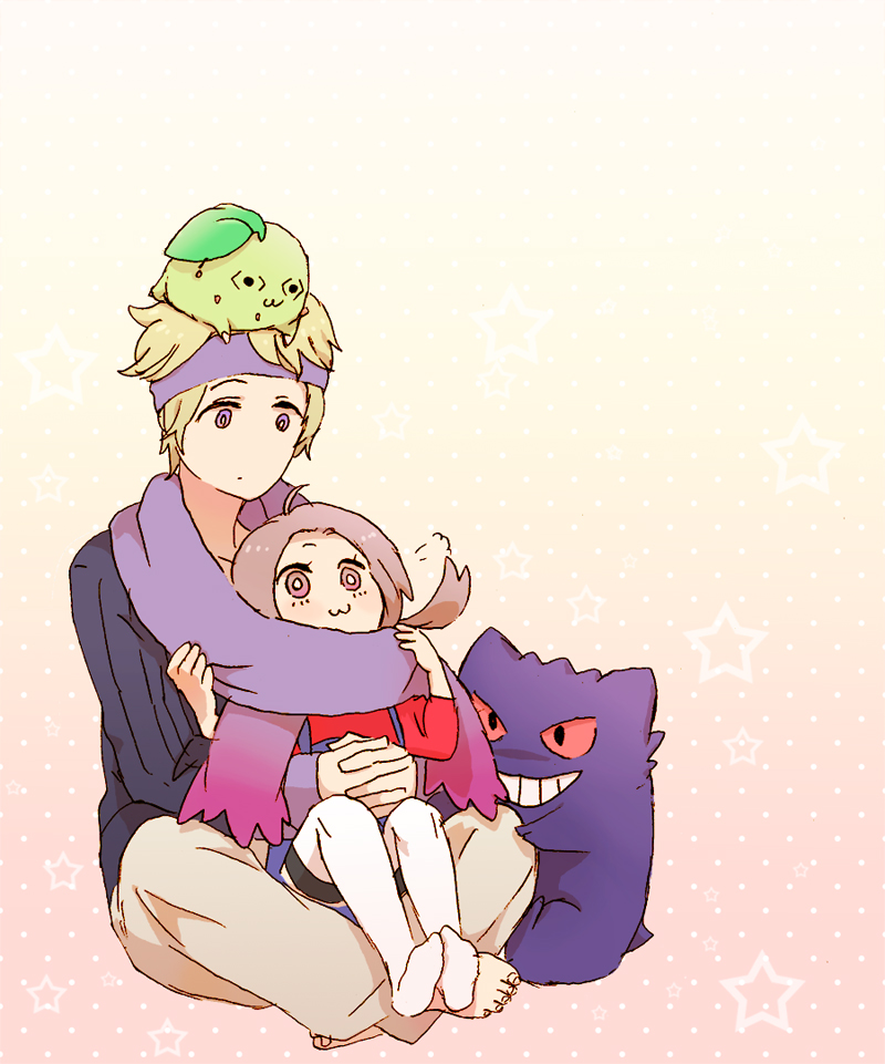 lyra, gengar, chikorita, and morty (pokemon and 1 more) drawn by kzmushi