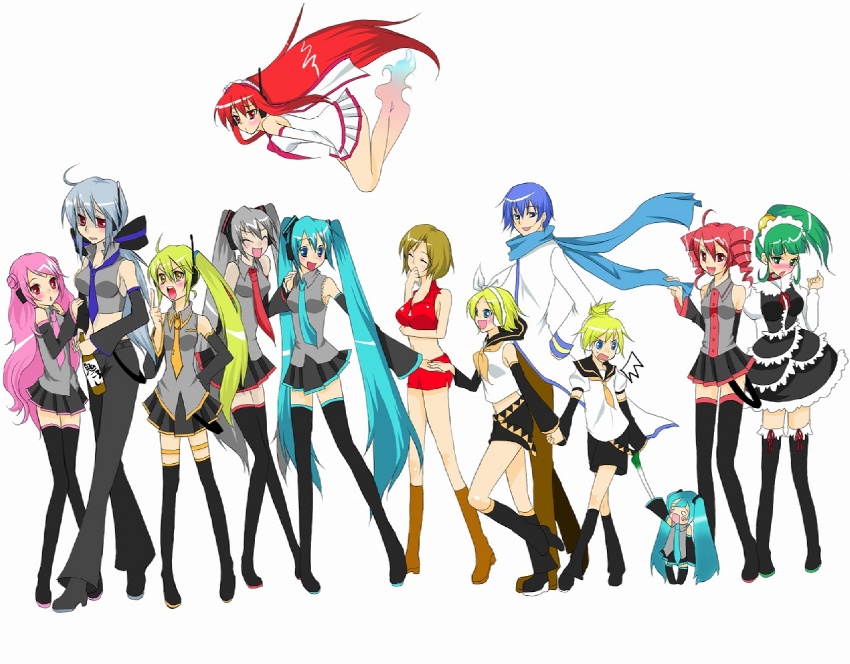hatsune miku, kagamine rin, kagamine len, kasane teto, kaito, and 8 more (vocaloid and 2 more) drawn by suguru