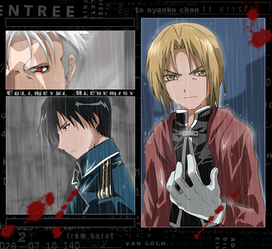 edward elric, roy mustang, and scar (fullmetal alchemist) drawn by kurot