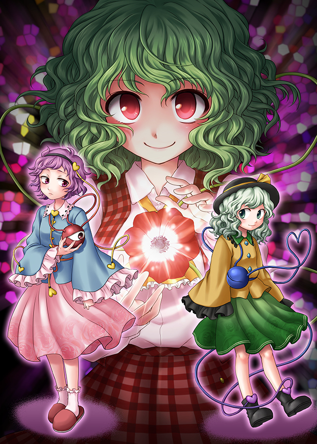 komeiji koishi, komeiji satori, and kazami yuuka (touhou) drawn by mokku