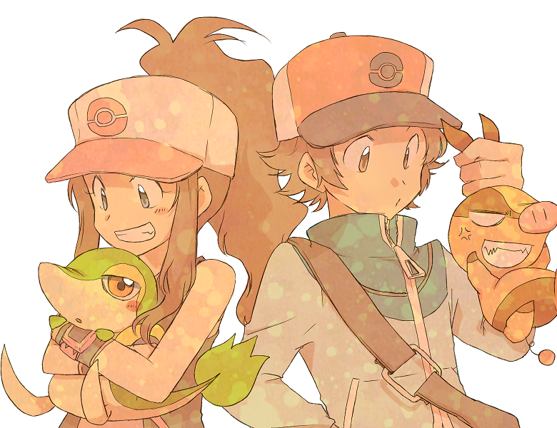 hilda, hilbert, snivy, and tepig (pokemon and 1 more) drawn by sooya