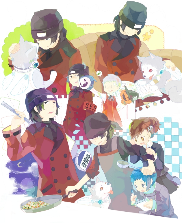 shiomi kotone, yamagishi fuuka, sanada akihiko, aragaki shinjirou, jack frost, and 2 more (persona and 2 more) drawn by lltz