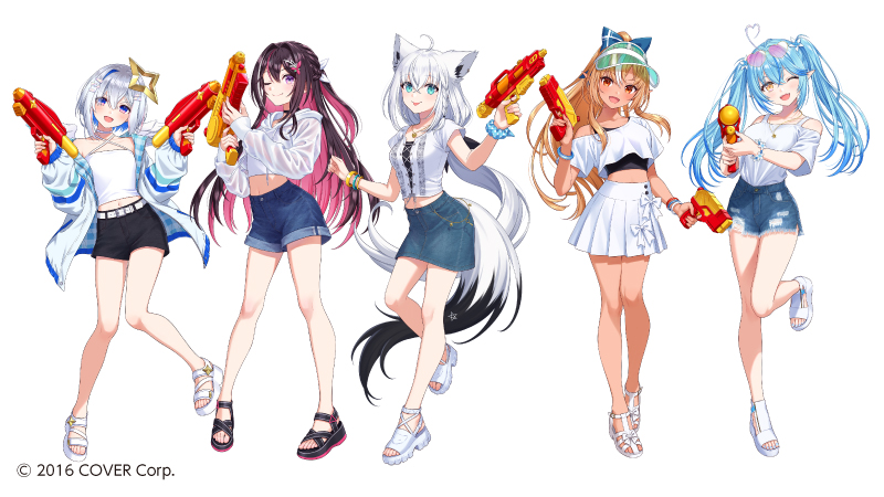 shirakami fubuki, amane kanata, yukihana lamy, shiranui flare, and azki (hololive) drawn by morikura_en