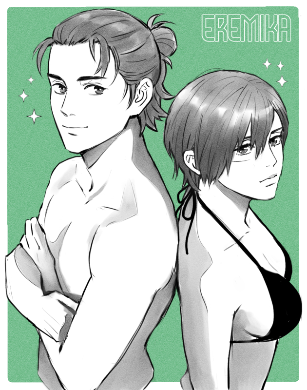 mikasa ackerman and eren yeager (shingeki no kyojin) drawn by 1216liddell