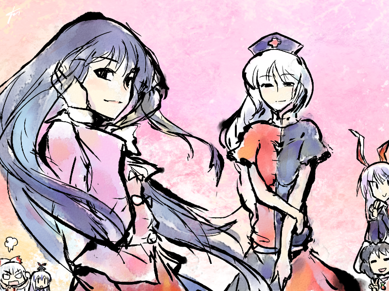 reisen udongein inaba, fujiwara no mokou, kamishirasawa keine, houraisan kaguya, inaba tewi, and 1 more (touhou) drawn by ebizome