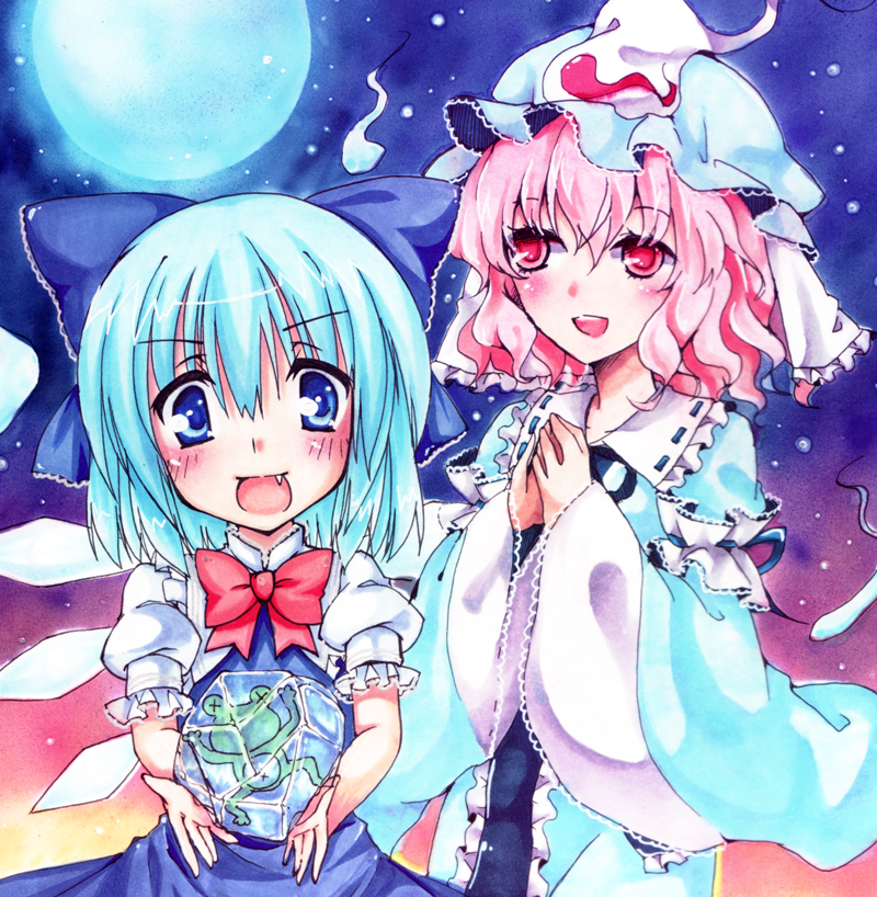 cirno and saigyouji yuyuko (touhou) drawn by fujisaki_kaon