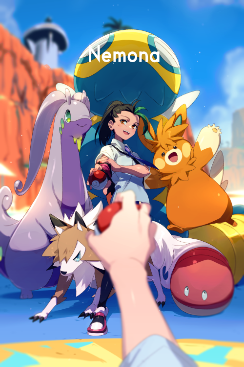 nemona, lycanroc, goodra, pawmot, dudunsparce, and 1 more (pokemon and 1 more) drawn by echo_(circa)