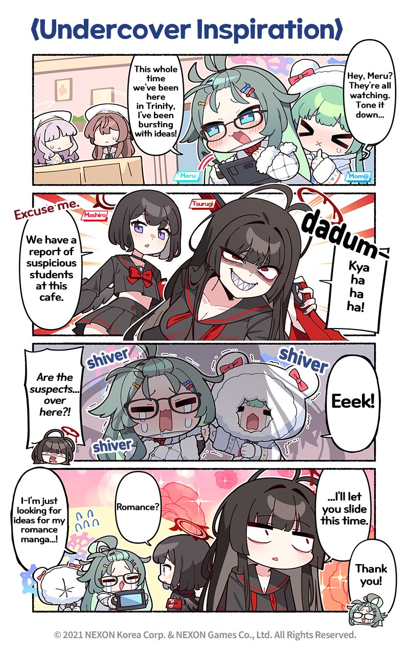 tsurugi, mashiro, momiji, and meru (blue archive) drawn by donmin_h