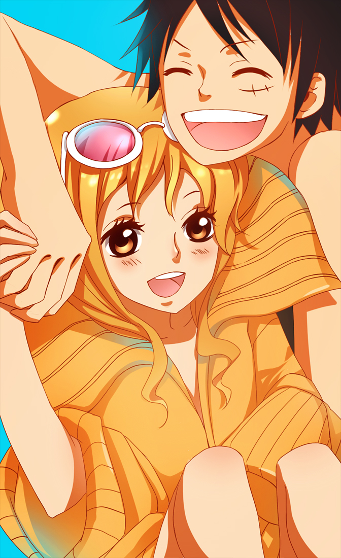nami and monkey d. luffy (one piece and 1 more) drawn by kristallin-f