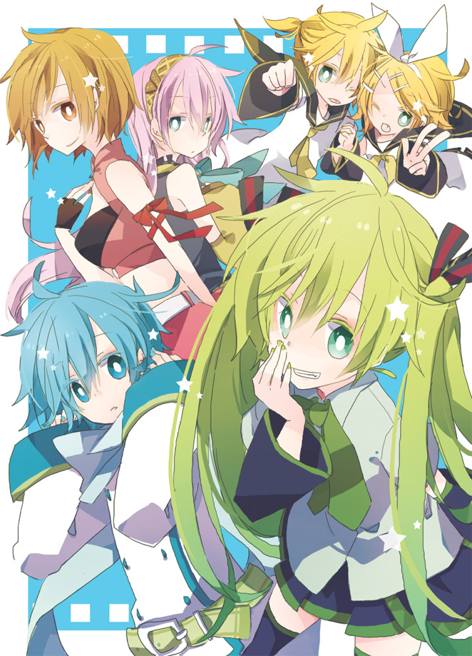 hatsune miku, kagamine rin, kagamine len, megurine luka, kaito, and 1 more (vocaloid) drawn by yoshiki