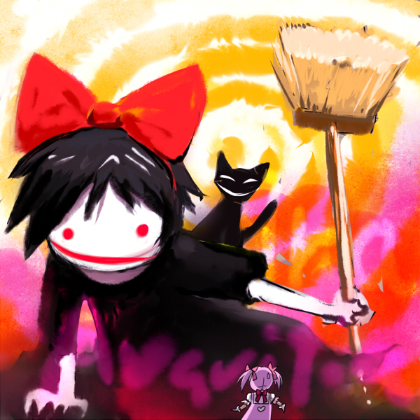 kaname madoka, kiki, and jiji (mahou shoujo madoka magica and 1 more) drawn by meow_(nekodenki)