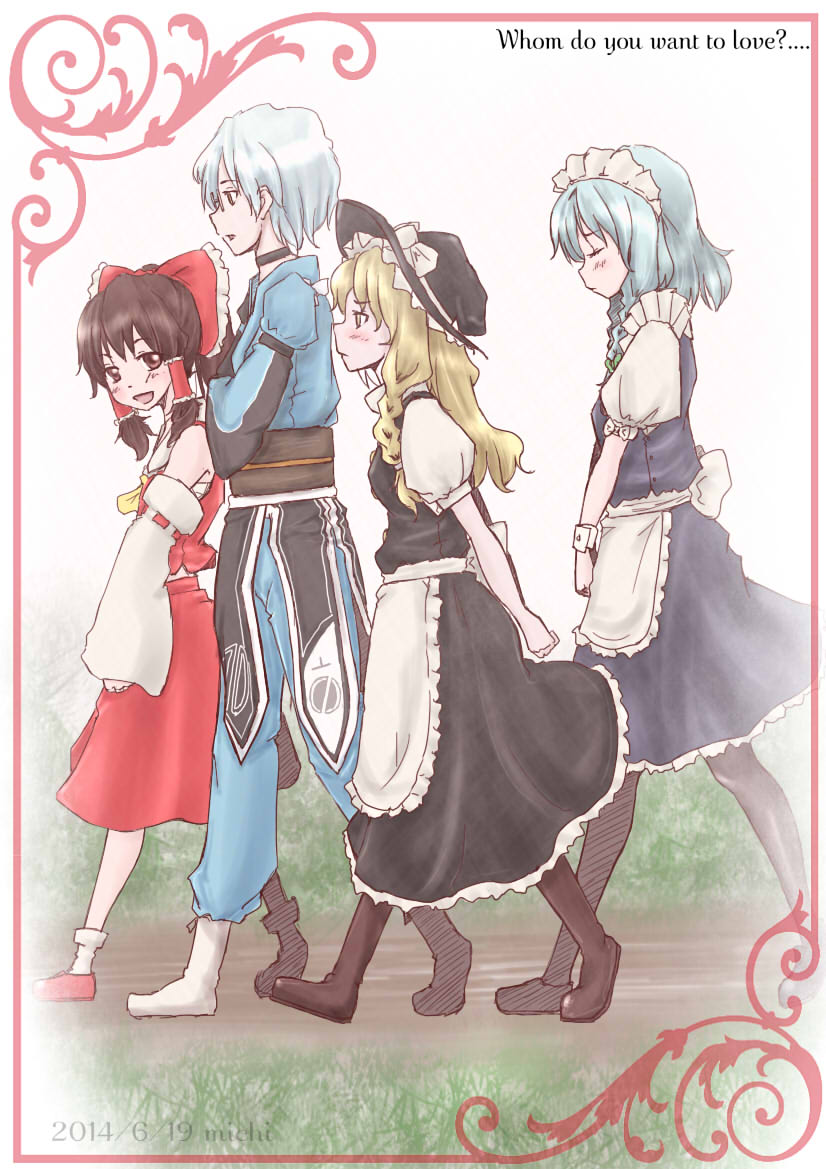 hakurei reimu, kirisame marisa, izayoi sakuya, and morichika rinnosuke (touhou) drawn by aosiro-michi