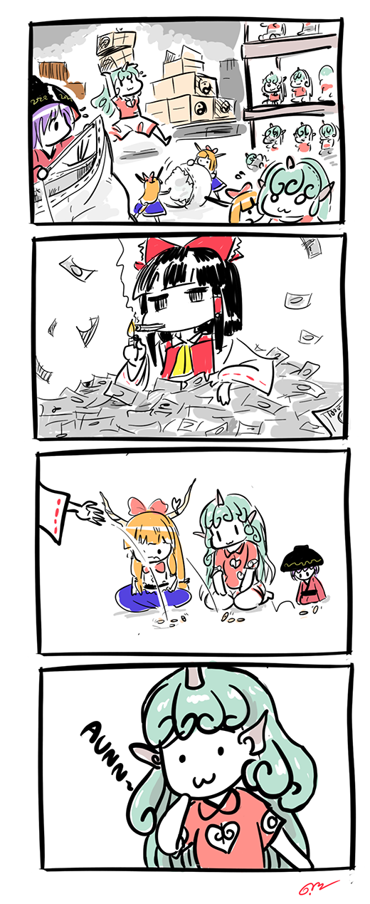 hakurei reimu, ibuki suika, sukuna shinmyoumaru, and komano aunn (touhou) drawn by gapangman