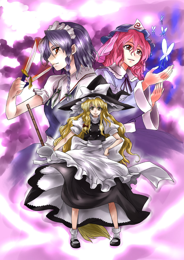 kirisame marisa, izayoi sakuya, and saigyouji yuyuko (touhou) drawn by mikage_nao