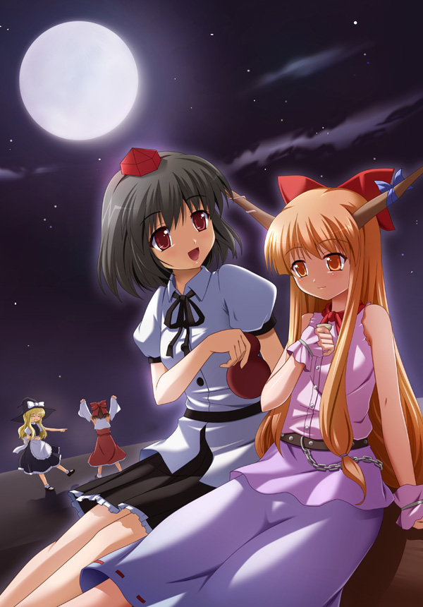hakurei reimu, kirisame marisa, shameimaru aya, and ibuki suika (touhou) drawn by maroppe