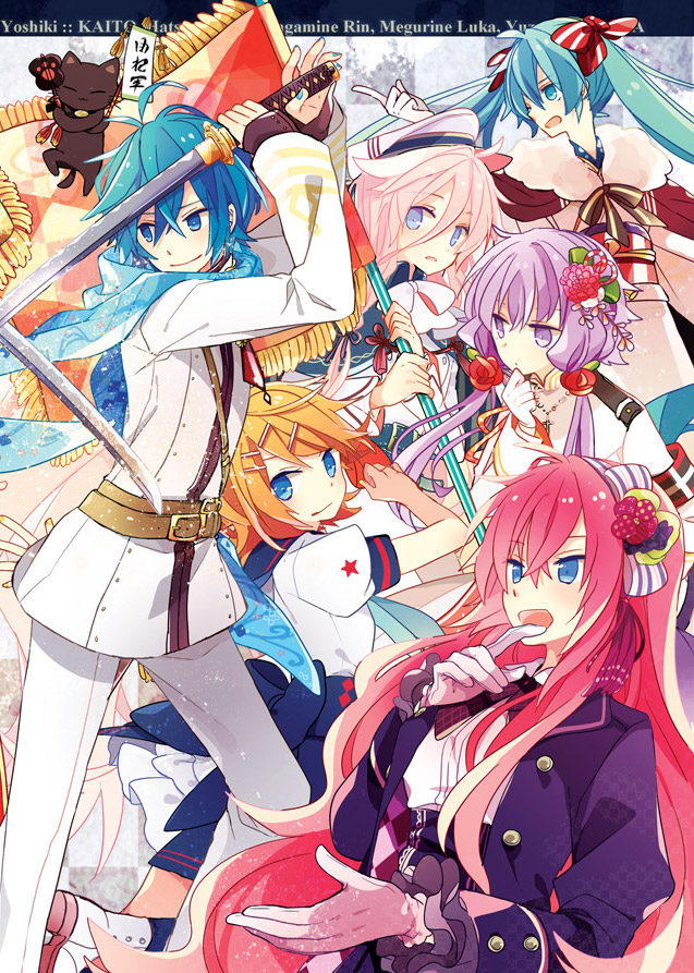 hatsune miku, kagamine rin, megurine luka, yuzuki yukari, kaito, and 1 more (vocaloid and 1 more) drawn by yoshiki