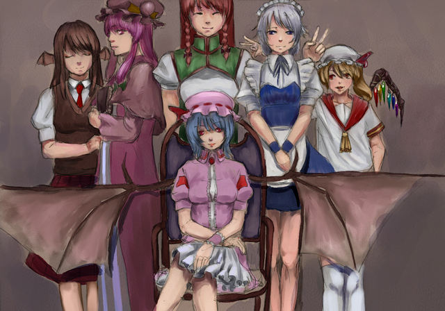 remilia scarlet, flandre scarlet, izayoi sakuya, patchouli knowledge, hong meiling, and 1 more (touhou) drawn by asano_(1063)