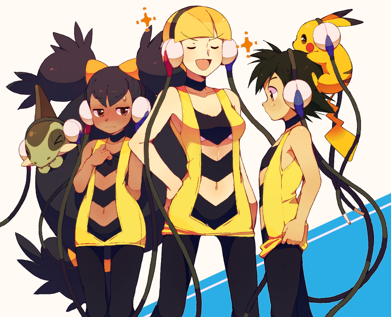 pikachu, ash ketchum, elesa, iris, cilan, and 1 more (pokemon and 1 more) drawn by mame_(chamame)