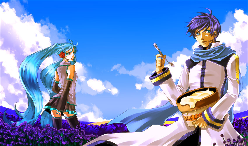 hatsune miku and kaito (vocaloid) drawn by chiru_(sanifani)