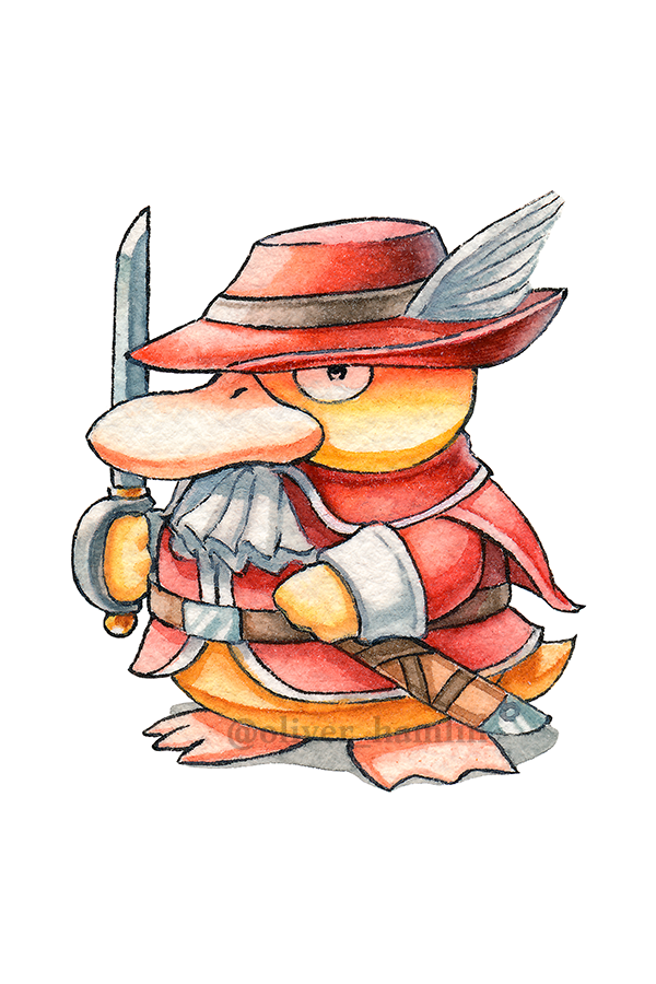 psyduck and red mage (pokemon and 1 more) drawn by oliver_hamlin