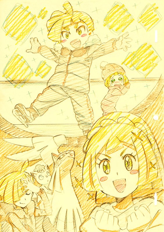 lillie, gladion, alolan vulpix, and silvally (pokemon and 1 more) drawn by shinohara_takashi