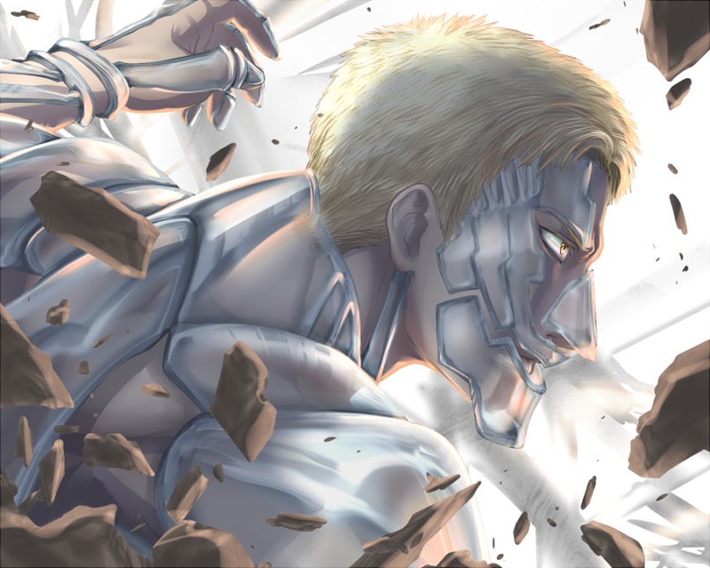 reiner braun, titan, and armored titan (shingeki no kyojin) drawn by higami_akabane