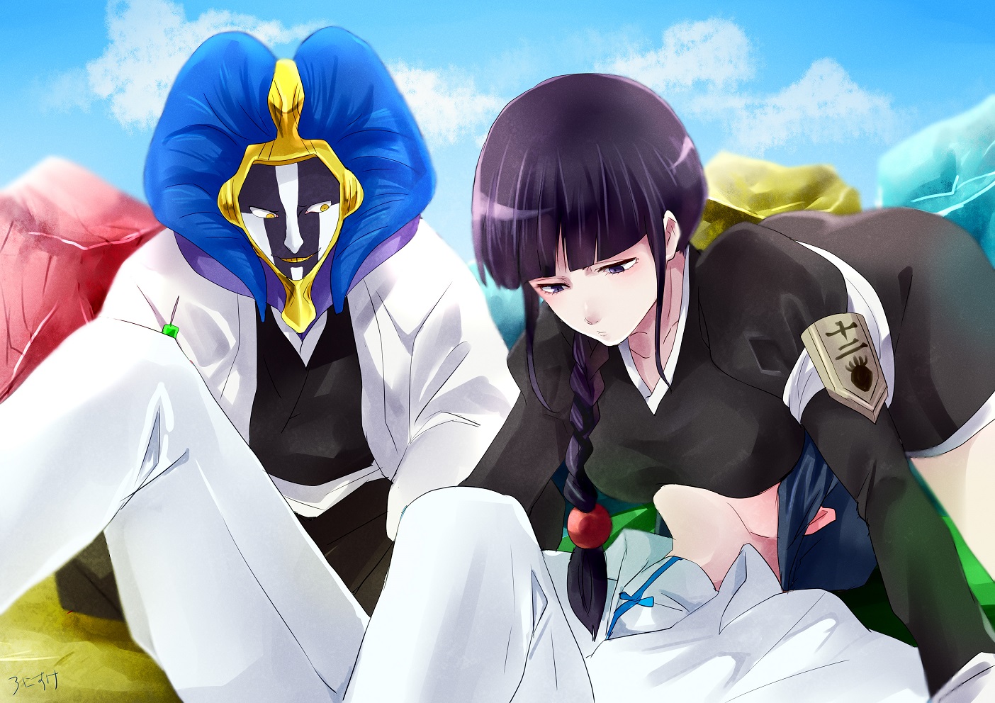 kurotsuchi nemu, ishida uryuu, and kurotsuchi mayuri (bleach) drawn by.