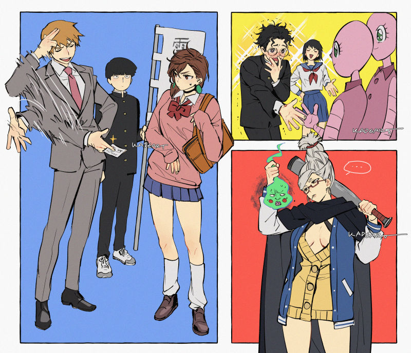 ayase momo, takakura ken, kageyama shigeo, reigen arataka, ayase seiko, and 2 more (dandadan and 1 more) drawn by kadeart