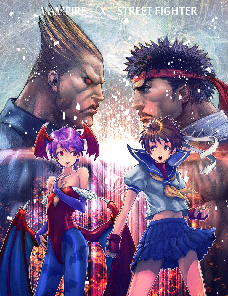 lilith, ryu, kasugano sakura, and demitri maximoff (street fighter and 2 more) drawn by boyaking