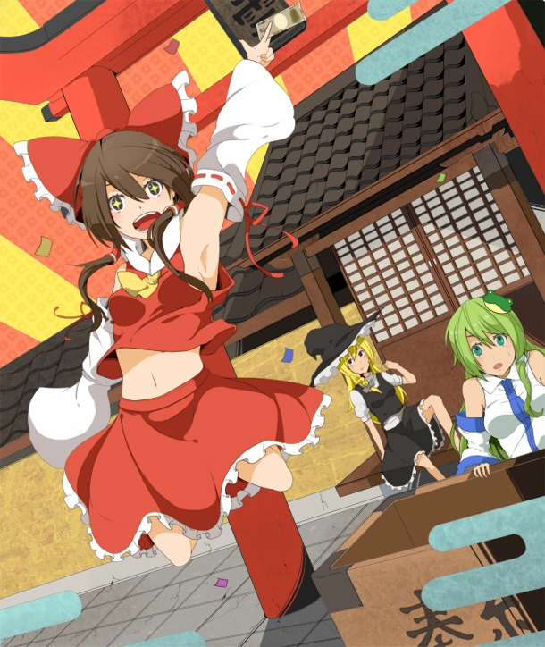 hakurei reimu, kirisame marisa, and kochiya sanae (touhou) drawn by haseneko