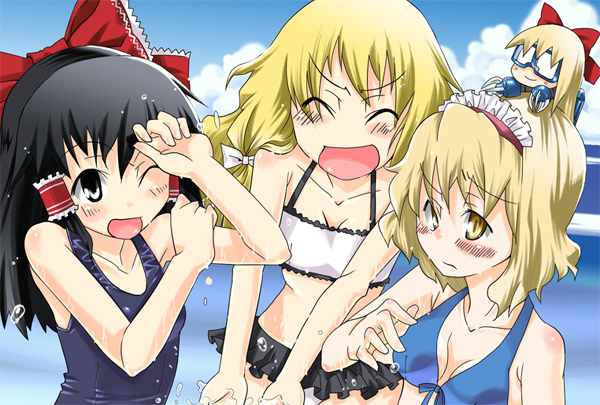 hakurei reimu, kirisame marisa, alice margatroid, shanghai doll, and z'gok (touhou and 2 more) drawn by gengorou