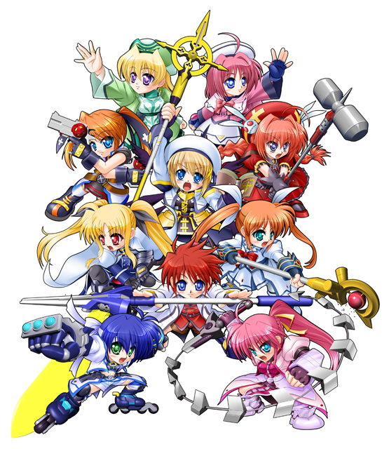 fate testarossa, takamachi nanoha, yagami hayate, raising heart, bardiche, and 18 more (lyrical nanoha and 2 more)