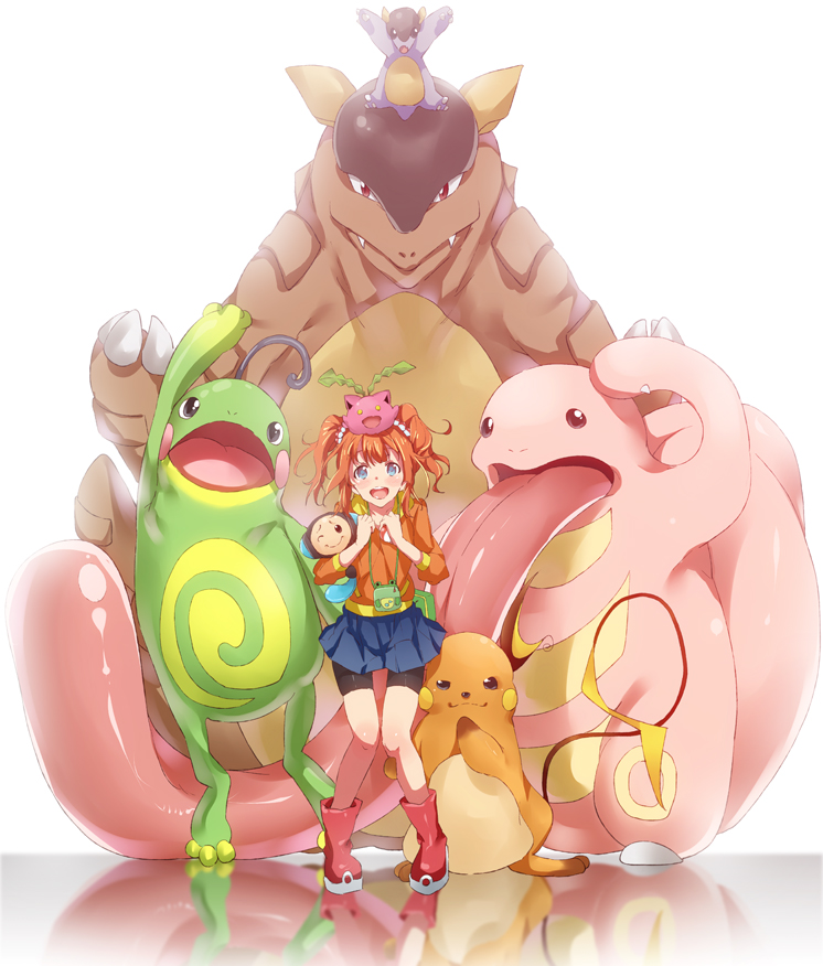 takatsuki yayoi, raichu, hoppip, politoed, tympole, and 2 more (pokemon and 1 more) drawn by ryouma_(galley)